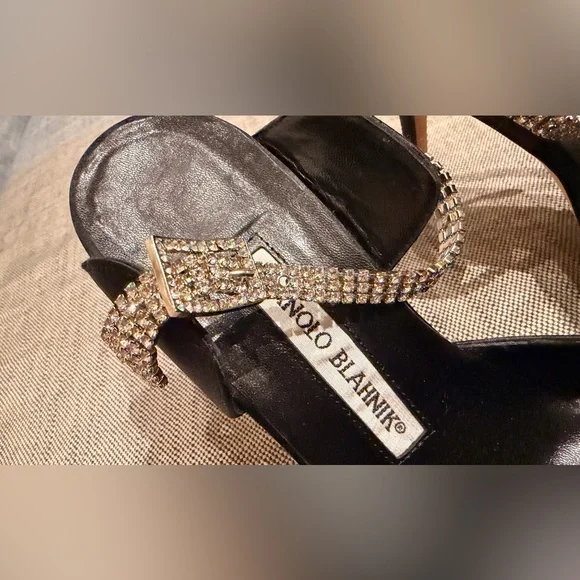 Manolo Blahnik Black Heels with Crystal Ankle and Emblem Embellishments, 37.5
